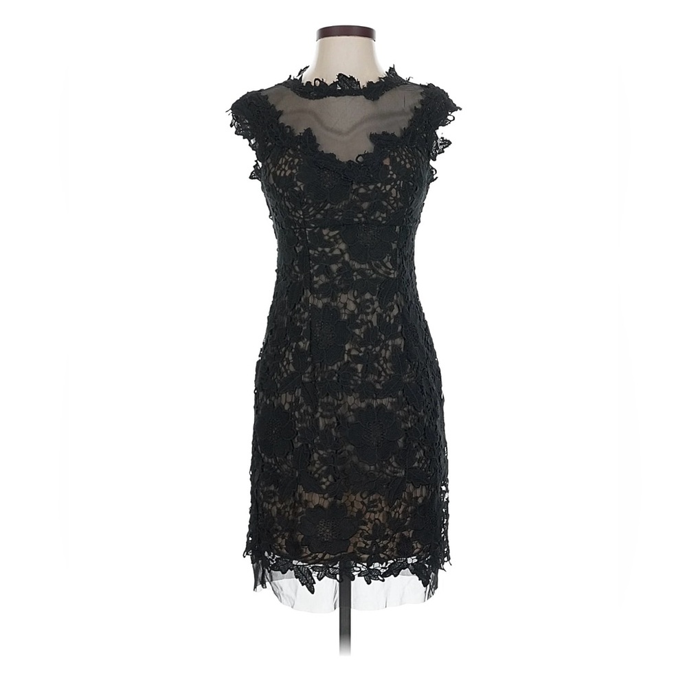 Like New! Black Cache Cocktail Lace Dress with sheer neckline, size 6
